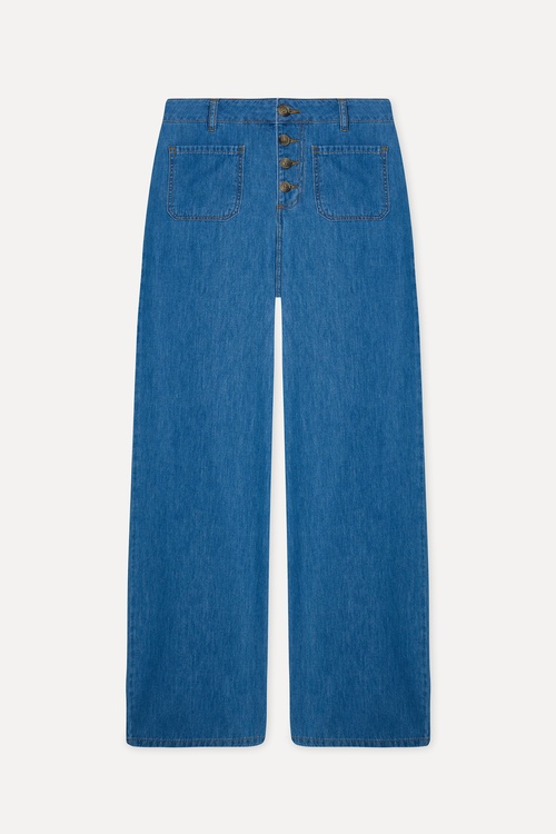 Kadın İndigo Düğme Kapama Straight Fit Jean Pantolon