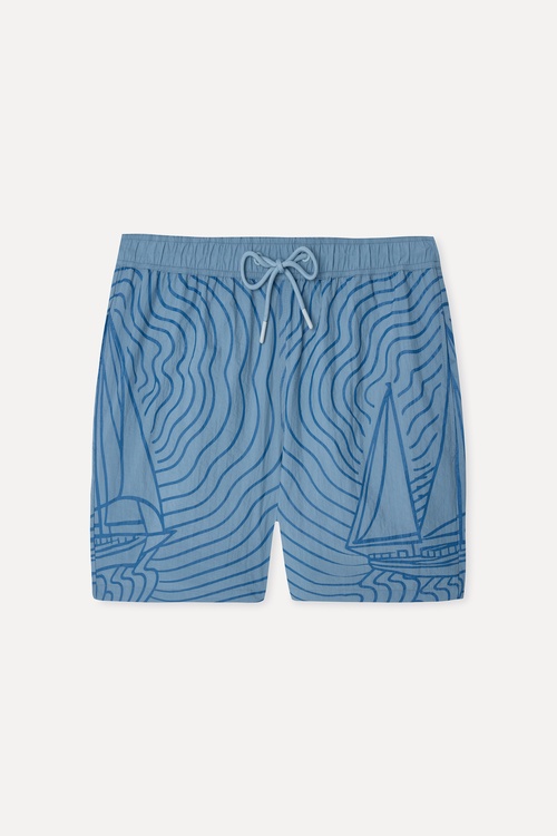 Mudo X Bozburun YC Erkek Gri Mavi Desenli Straight Fit Mayo