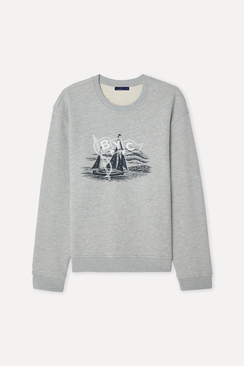  Mudo X Bozburun YC Erkek Gri Melanj Baskılı Bisiklet Yaka Sweatshirt