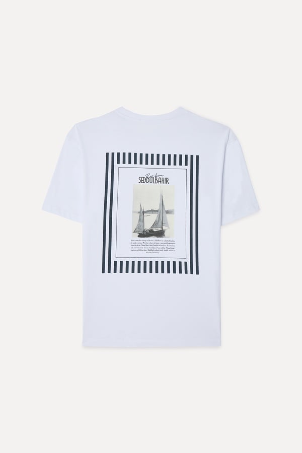 Mudo X Bozburun YC Erkek Kırık Beyaz Baskılı Bisiklet Yaka T-Shirt