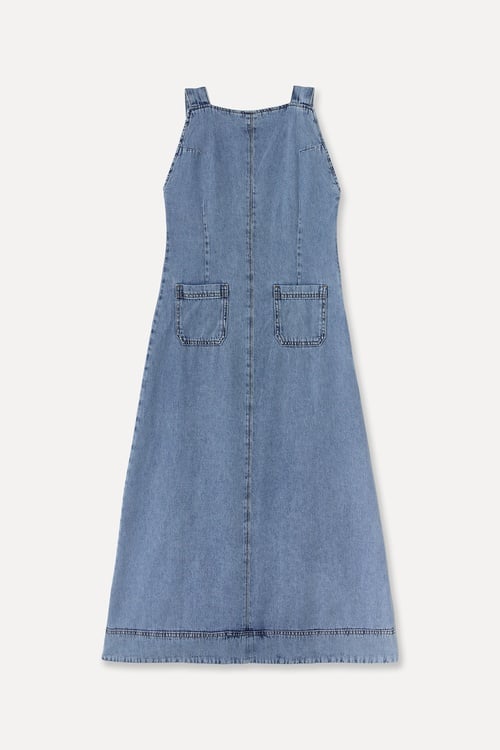 Kadın İndigo Düz Kesim Salopet Jean Midi Elbise