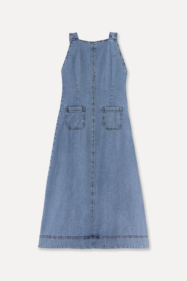 Kadın İndigo Düz Kesim Salopet Jean Midi Elbise