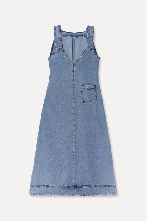 Kadın İndigo Düz Kesim Salopet Jean Midi Elbise