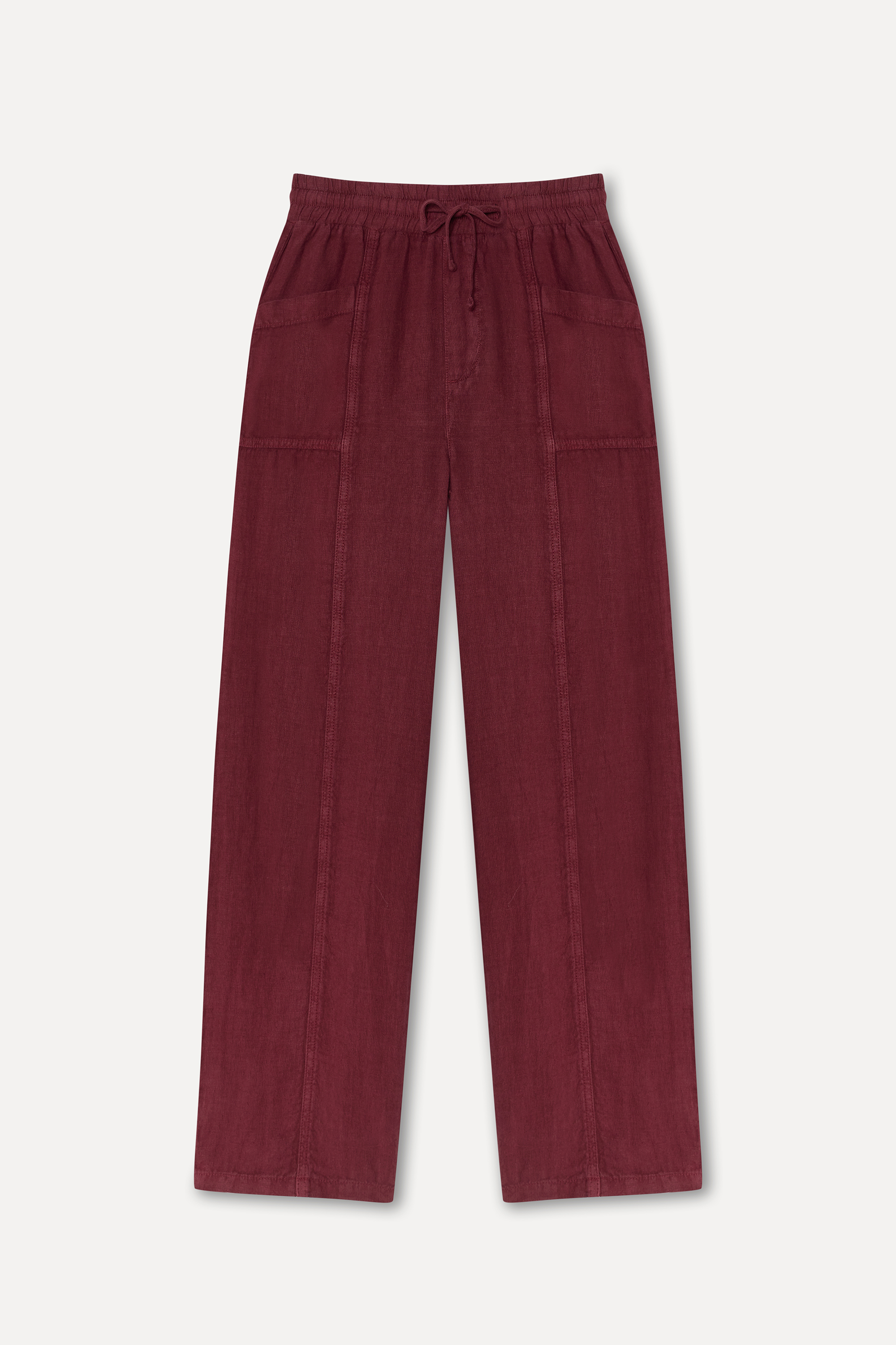 Kadın Bordo Straight Fit Dikişli Keten Pantolon
