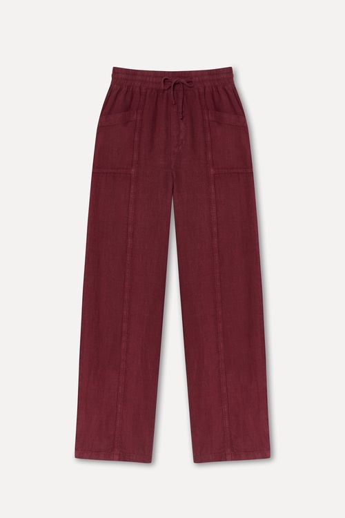 Kadın Bordo Straight Fit Dikişli Keten Pantolon