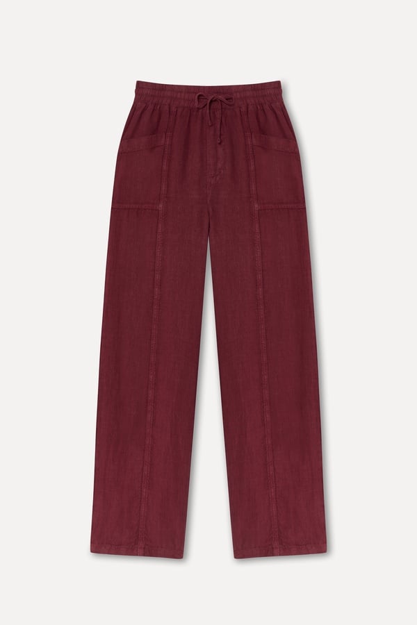 Kadın Bordo Straight Fit Dikişli Keten Pantolon