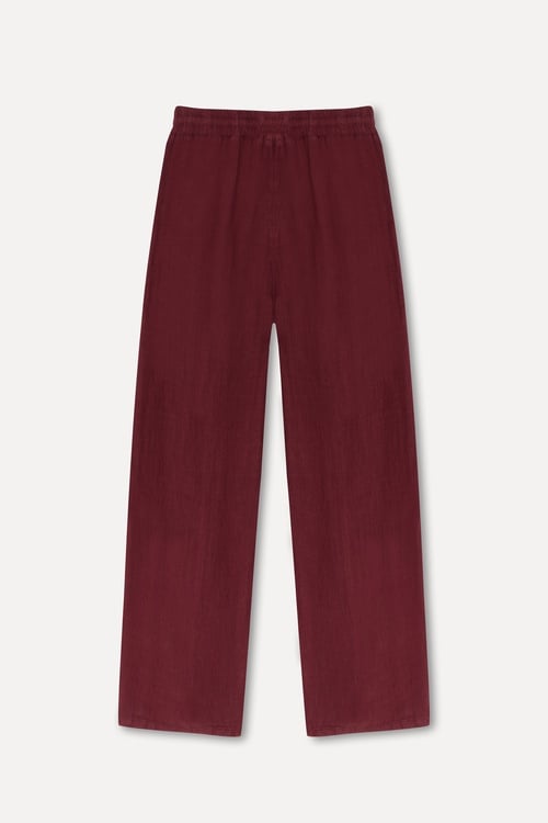 Kadın Bordo Straight Fit Dikişli Keten Pantolon