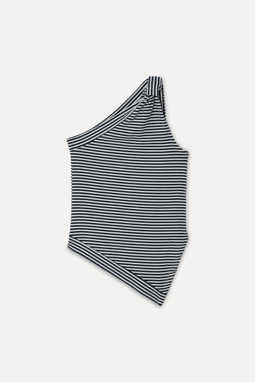 Kadın Lacivert Fitted Çizgili Açık Yaka Kolsuz T-Shirt