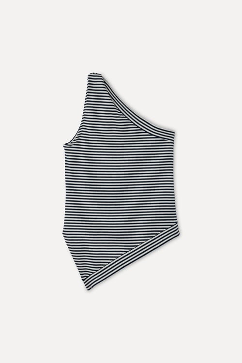 Kadın Lacivert Fitted Çizgili Açık Yaka Kolsuz T-Shirt