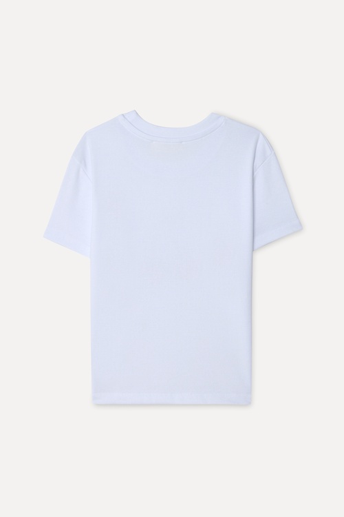 Kadın Beyaz Baskılı Loose Fit Bisiklet Yaka T-Shirt