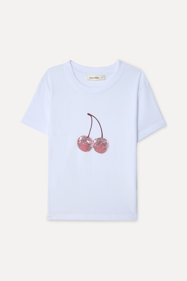 Kadın Beyaz Baskılı Loose Fit Bisiklet Yaka T-Shirt