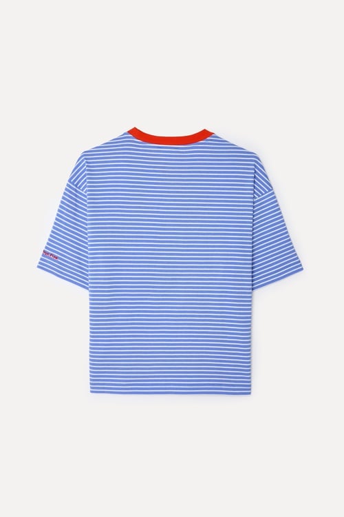 Kadın Mavi Çizgili Loose Fit Bisiklet Yaka T-Shirt