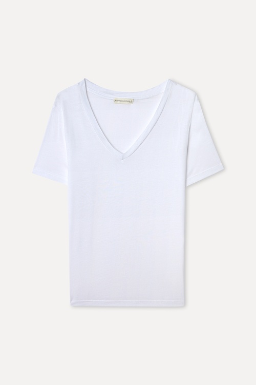 Kadın Beyaz V Yaka Modal T-Shirt