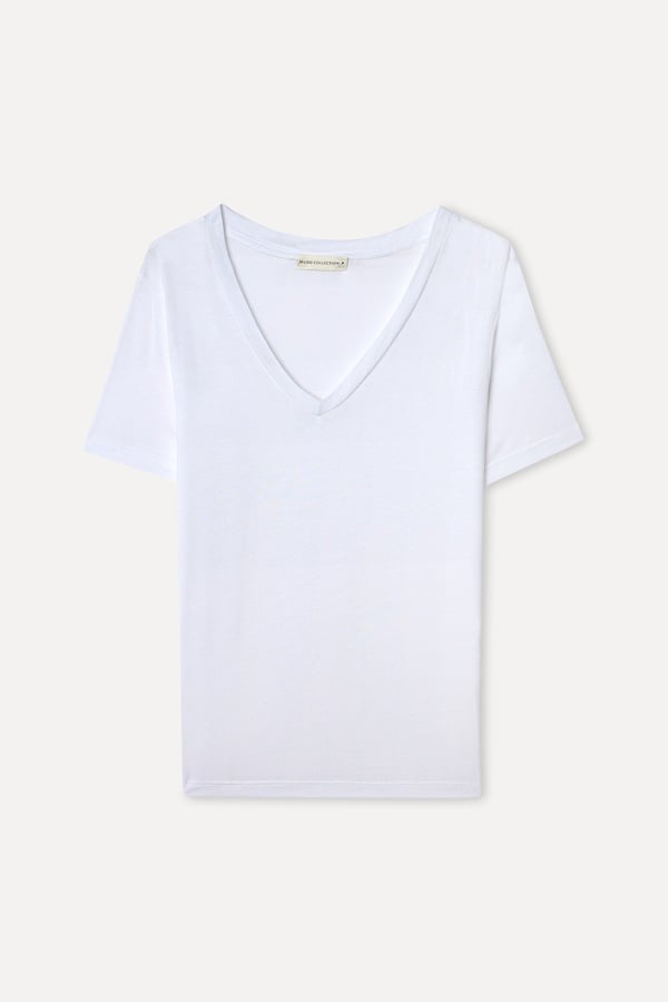 Kadın Beyaz V Yaka Modal T-Shirt