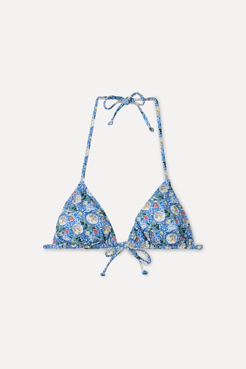 Kadın Mavi Desenli Bağlamalı Üçgen Bikini Üstü