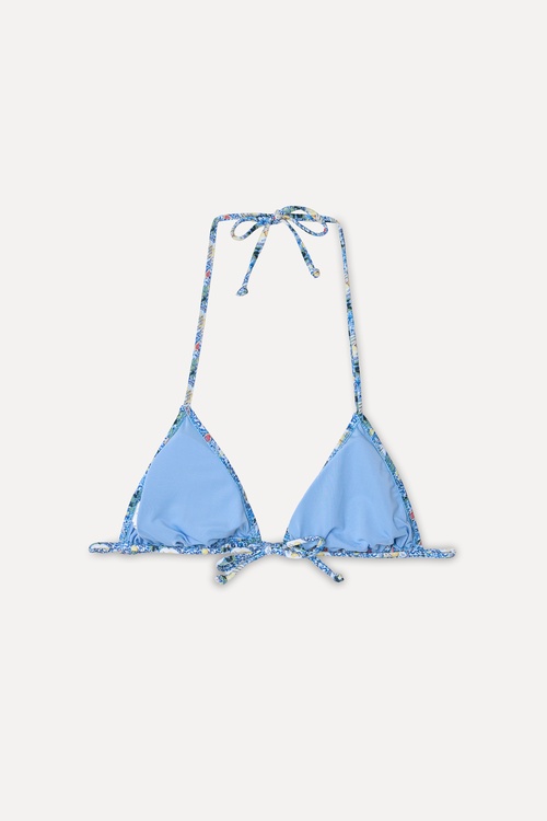  Kadın Mavi Desenli Bağlamalı Üçgen Bikini Üstü