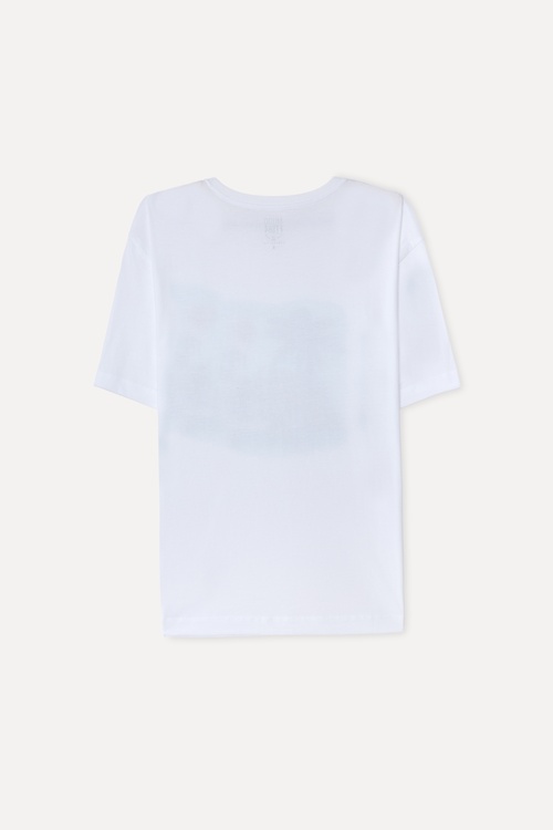 Erkek Beyaz Baskılı Oversize Bisiklet Yaka T-Shirt