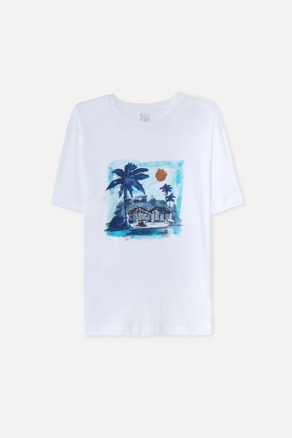 Erkek Beyaz Baskılı Oversize Bisiklet Yaka T-Shirt
