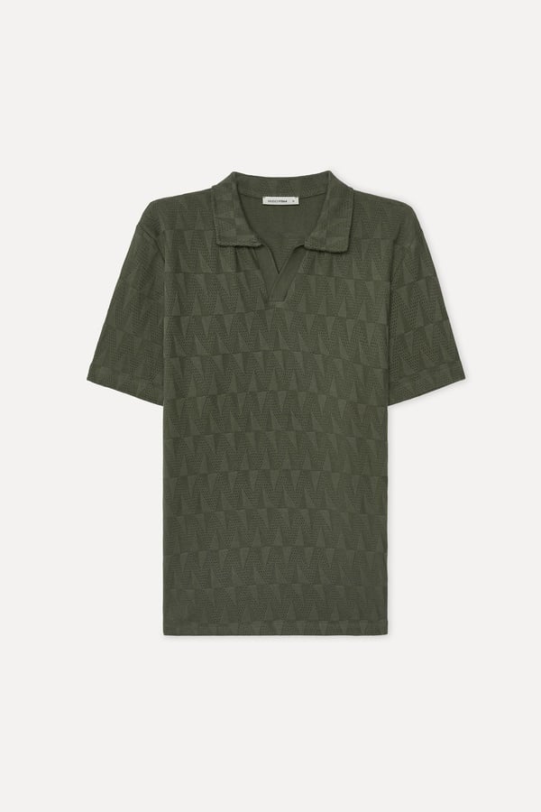 Erkek Haki Dokulu Loose Fit Polo Yaka T-Shirt
