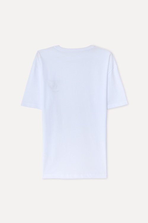 Erkek Beyaz Baskılı Oversize Bisiklet Yaka T-Shirt