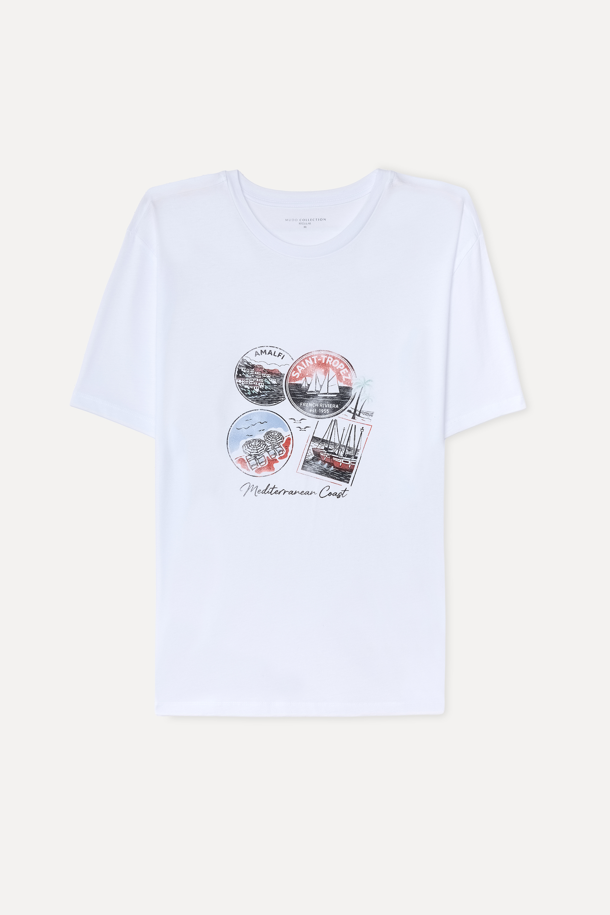 Erkek Beyaz Baskılı Bisiklet Yaka T-Shirt