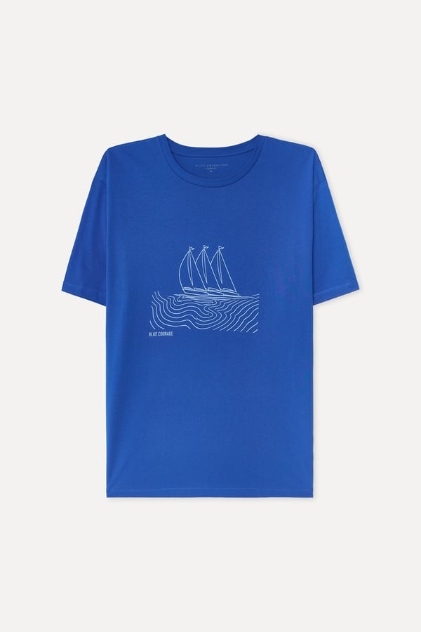 Erkek Mavi Baskılı Comfort Fit Bisiklet Yaka T-Shirt
