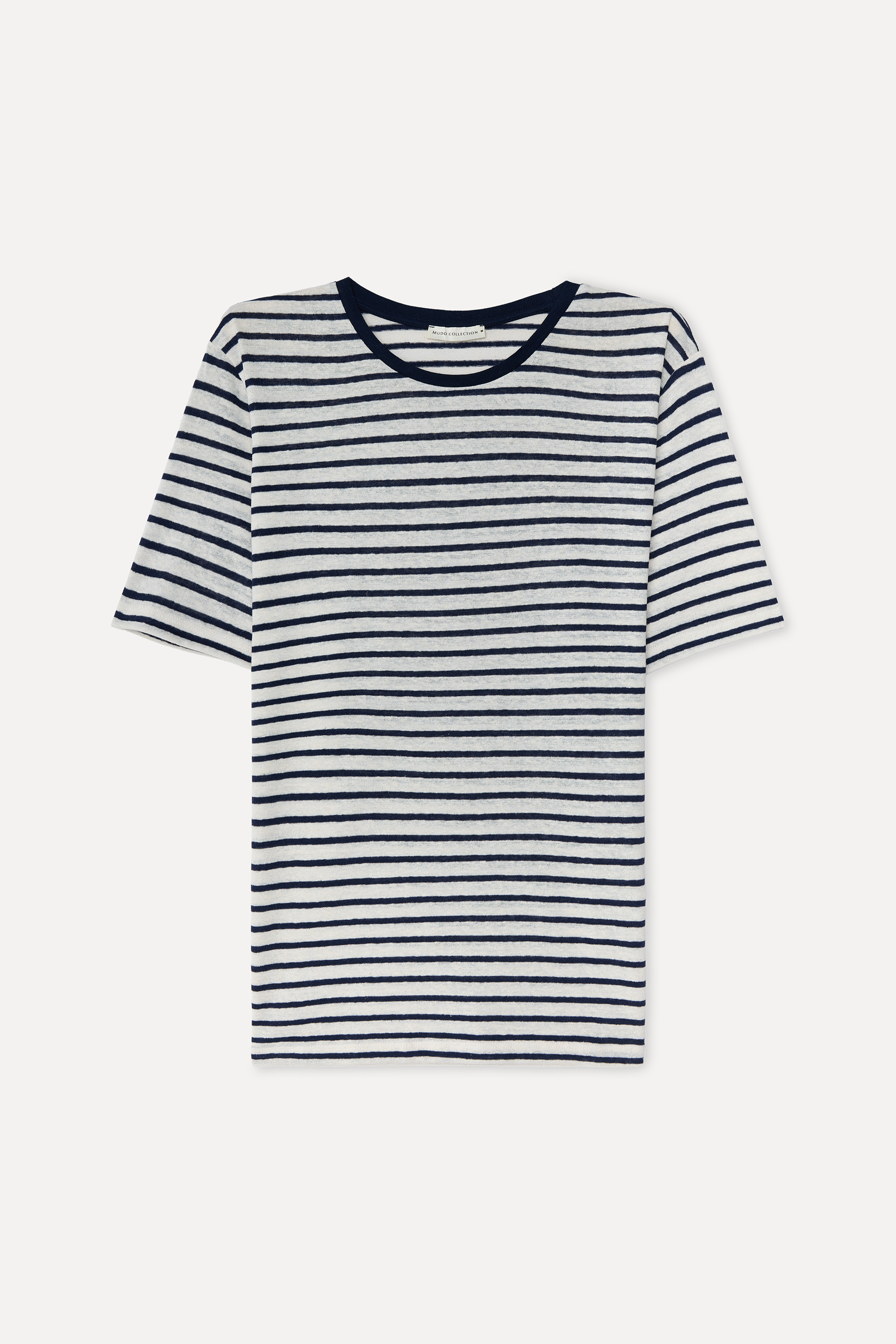 Erkek Kırık Beyaz Çizgili Bisiklet Yaka Keten Karışımlı T-Shirt