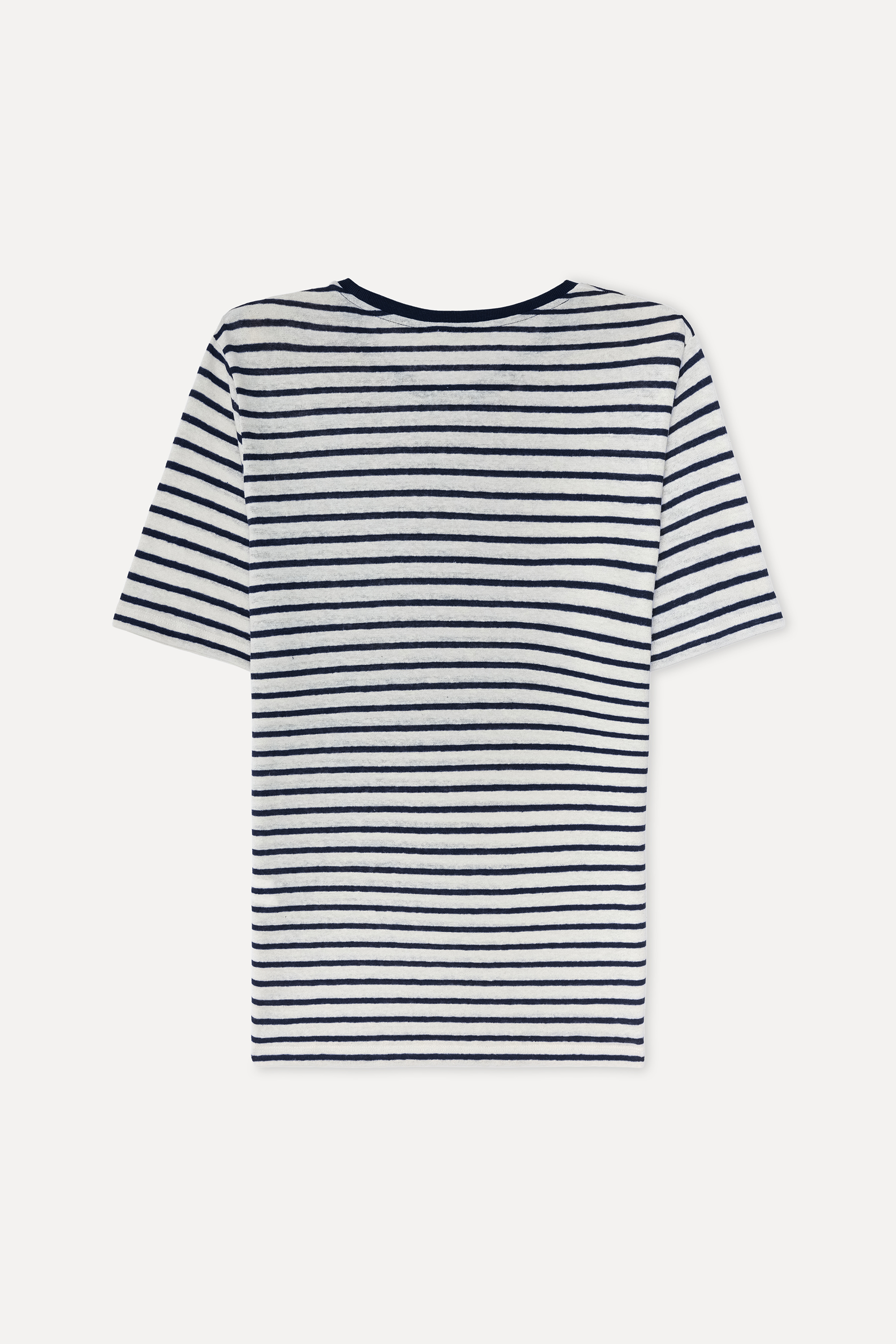 Erkek Kırık Beyaz Çizgili Bisiklet Yaka Keten Karışımlı T-Shirt