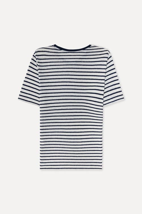 Erkek Kırık Beyaz Çizgili Bisiklet Yaka Keten Karışımlı T-Shirt