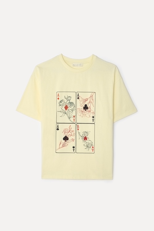 Kadın Sarı Baskılı Bisiklet Yaka T-Shirt