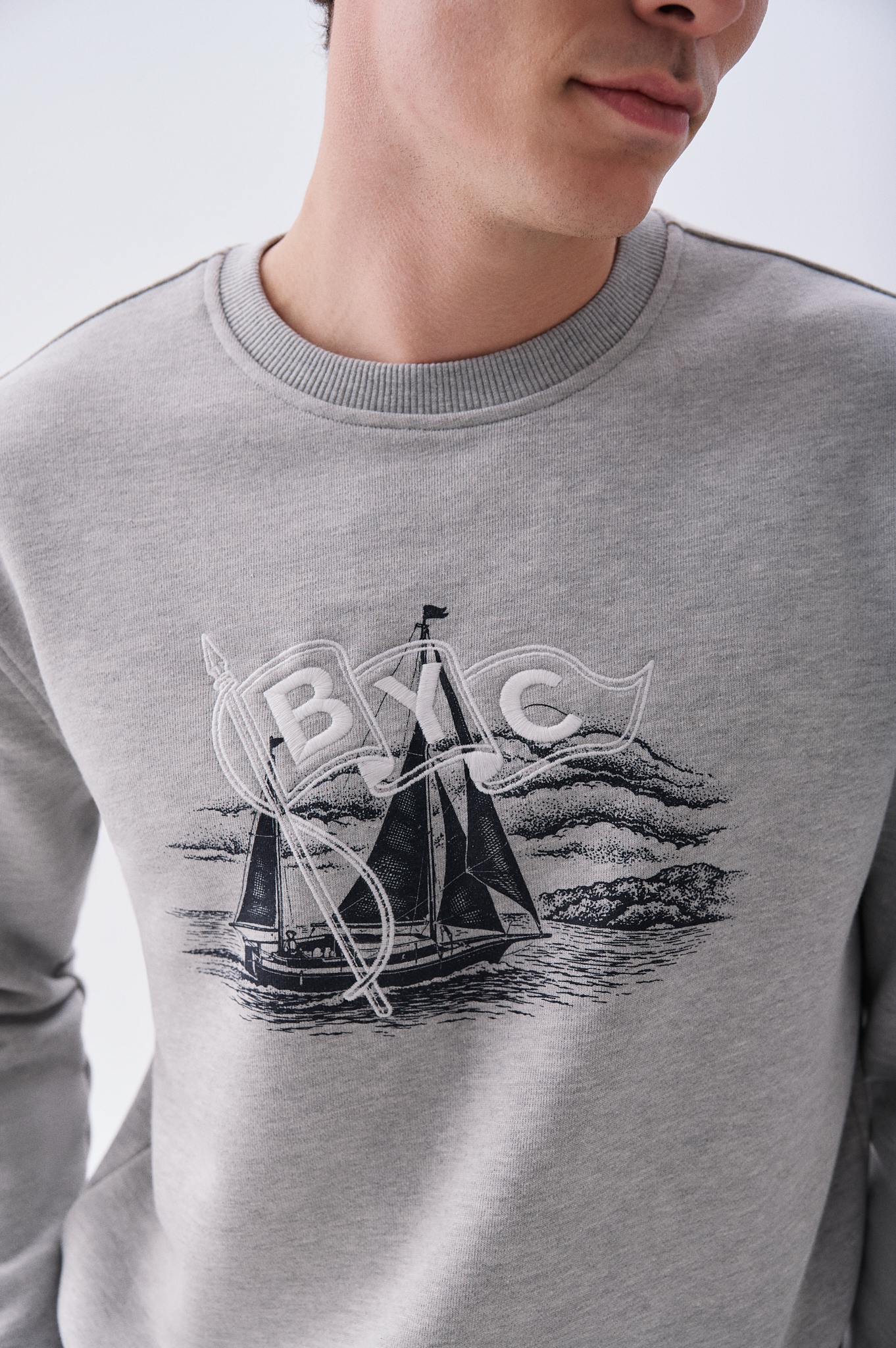 Mudo X Bozburun YC Erkek Gri Melanj Baskılı Bisiklet Yaka Sweatshirt