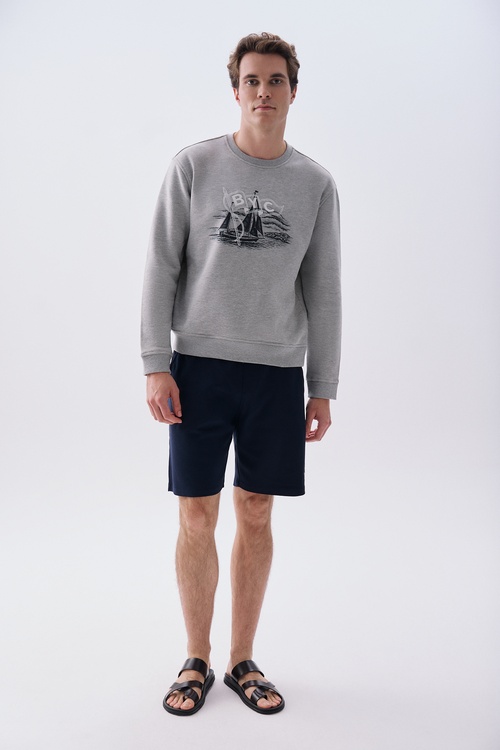  Mudo X Bozburun YC Erkek Gri Melanj Baskılı Bisiklet Yaka Sweatshirt