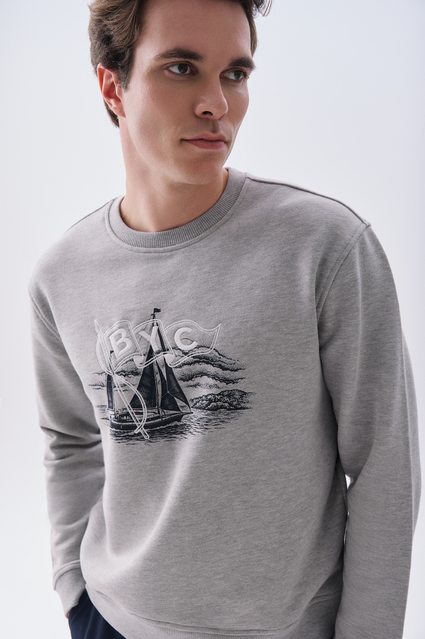 Mudo X Bozburun YC Erkek Gri Melanj Baskılı Bisiklet Yaka Sweatshirt
