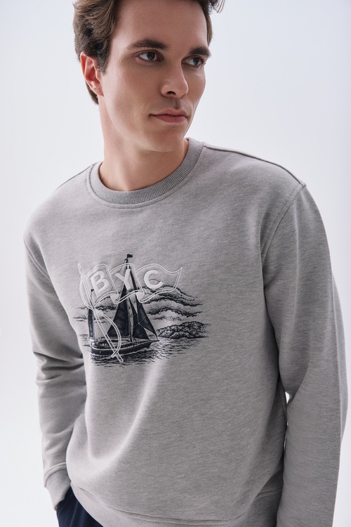 Mudo X Bozburun YC Erkek Gri Melanj Baskılı Bisiklet Yaka Sweatshirt