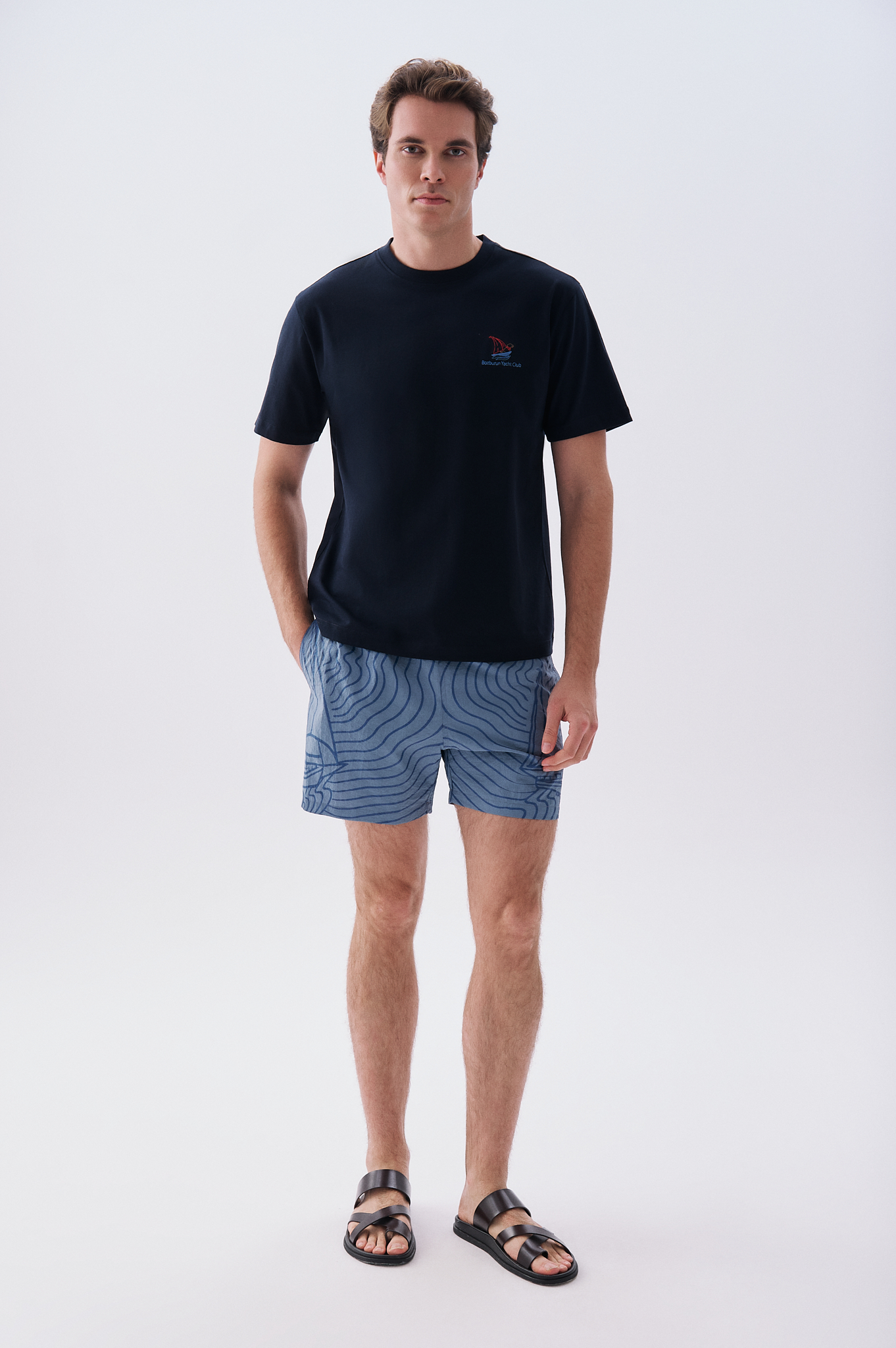 Mudo X Bozburun YC Erkek Gri Mavi Desenli Straight Fit Mayo