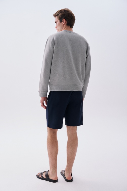 Mudo X Bozburun YC Erkek Gri Melanj Baskılı Bisiklet Yaka Sweatshirt