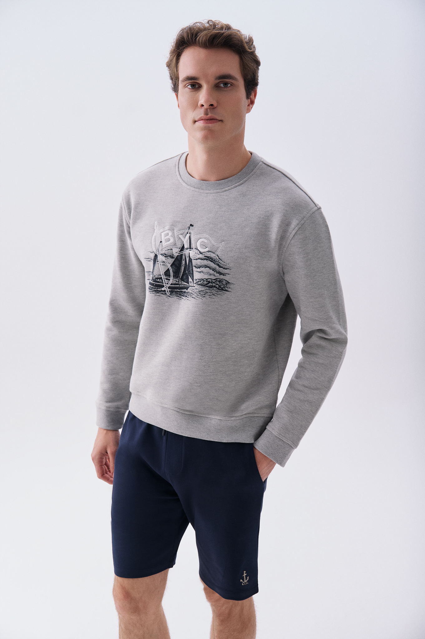 Mudo X Bozburun YC Erkek Gri Melanj Baskılı Bisiklet Yaka Sweatshirt