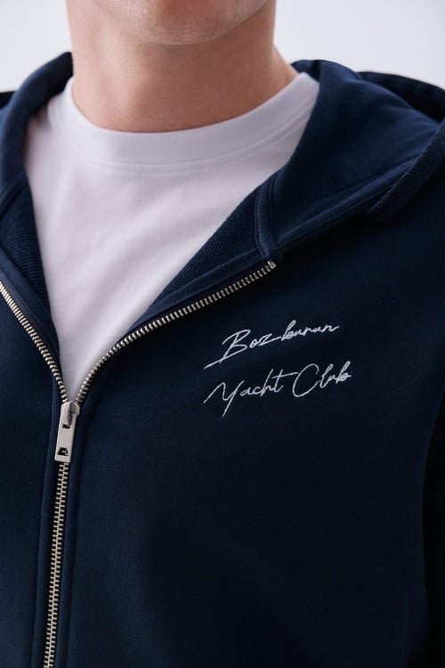 Mudo X Bozburun YC Erkek Lacivert Baskılı Kapüşonlu Fermuarlı Sweatshirt