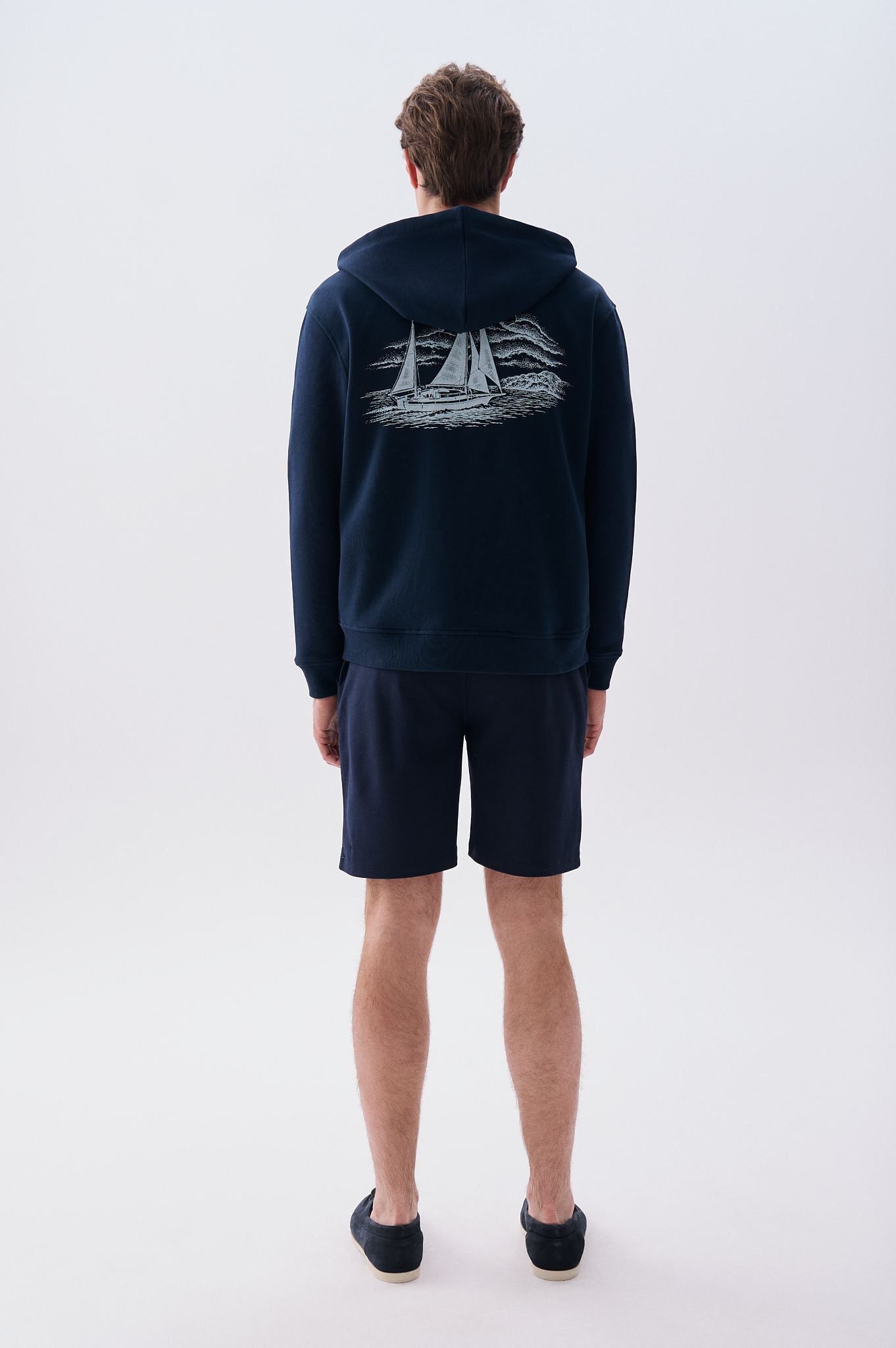 Mudo X Bozburun YC Erkek Lacivert Baskılı Kapüşonlu Fermuarlı Sweatshirt