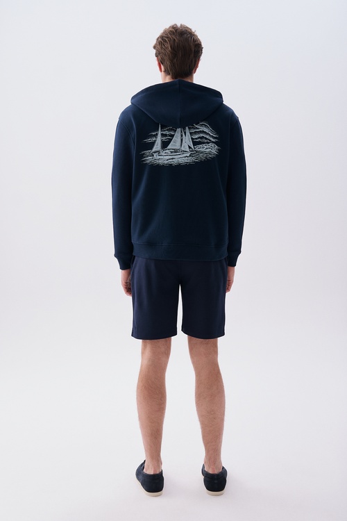 Mudo X Bozburun YC Erkek Lacivert Baskılı Kapüşonlu Fermuarlı Sweatshirt
