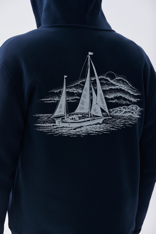 Mudo X Bozburun YC Erkek Lacivert Baskılı Kapüşonlu Fermuarlı Sweatshirt