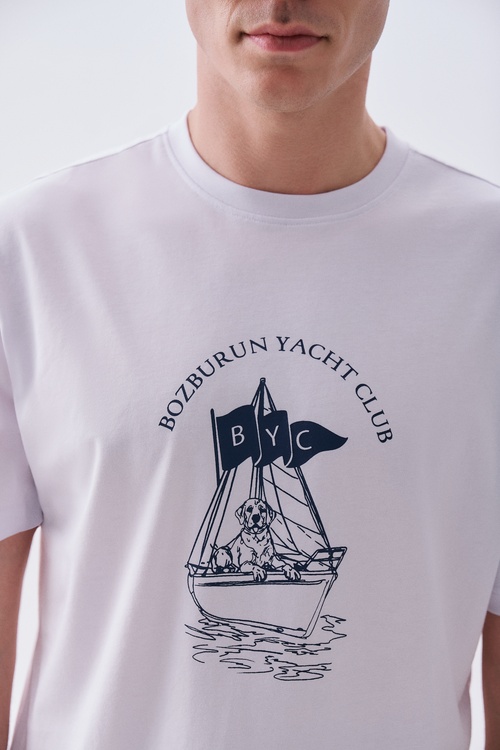 Mudo X Bozburun YC Erkek Kırık Beyaz Baskılı Bisiklet Yaka T-Shirt