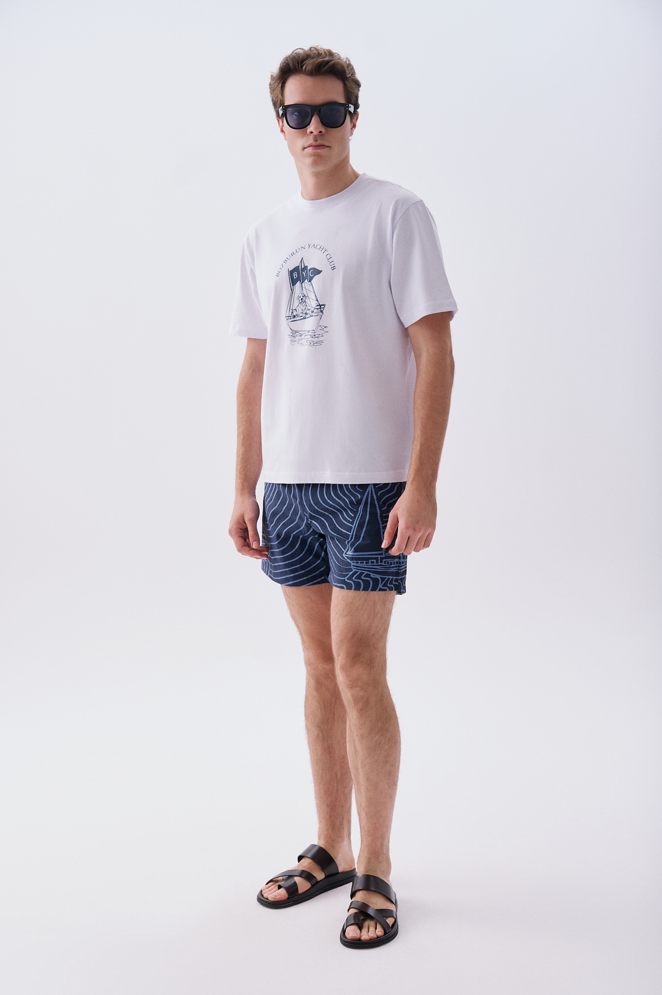 Mudo X Bozburun YC Erkek Gri Mavi Desenli Straight Fit Mayo