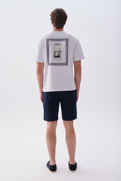 Mudo X Bozburun YC Erkek Kırık Beyaz Baskılı Bisiklet Yaka T-Shirt