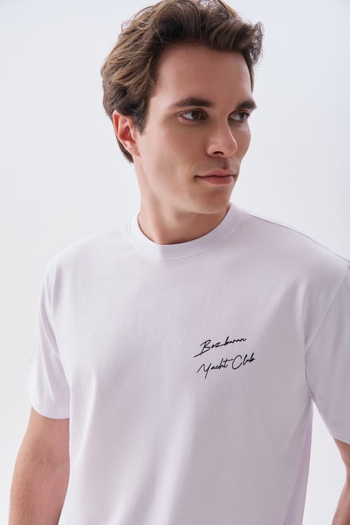 Mudo X Bozburun YC Erkek Kırık Beyaz Baskılı Bisiklet Yaka T-Shirt