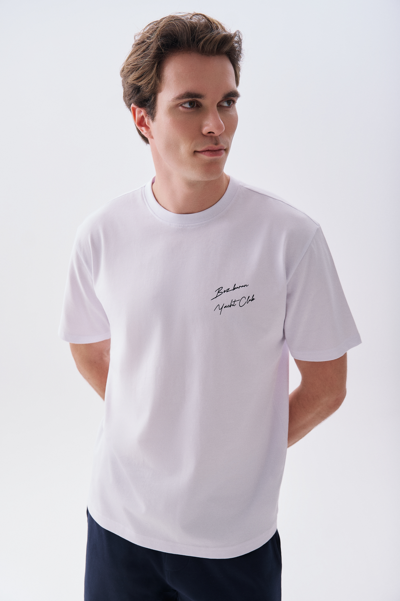 Mudo X Bozburun YC Erkek Kırık Beyaz Baskılı Bisiklet Yaka T-Shirt