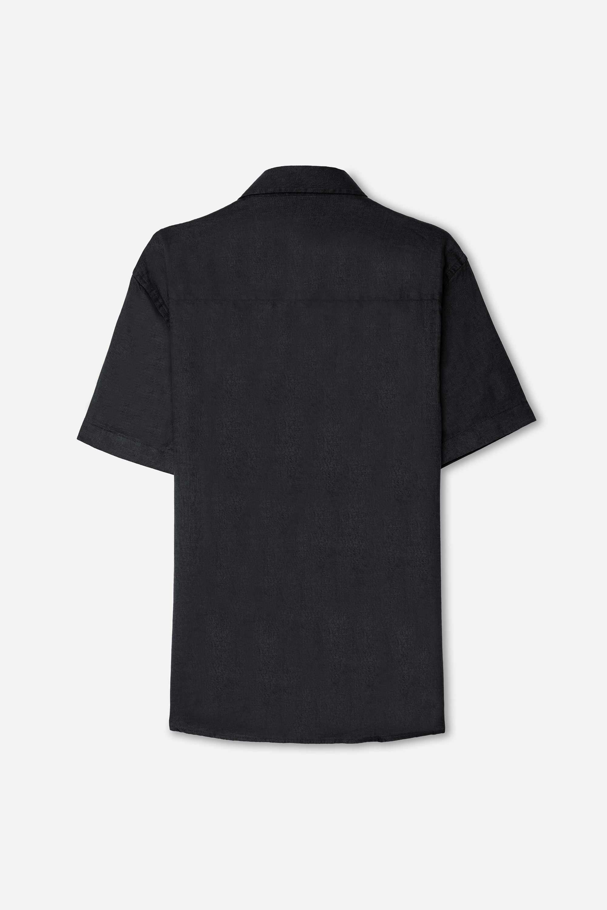 Erkek Siyah Regular Fit Kısa Kollu Keten Gömlek