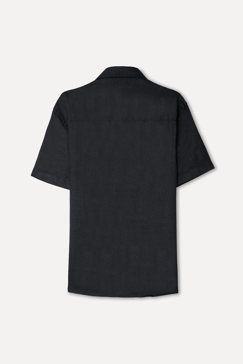  Erkek Siyah Regular Fit Kısa Kollu Keten Gömlek