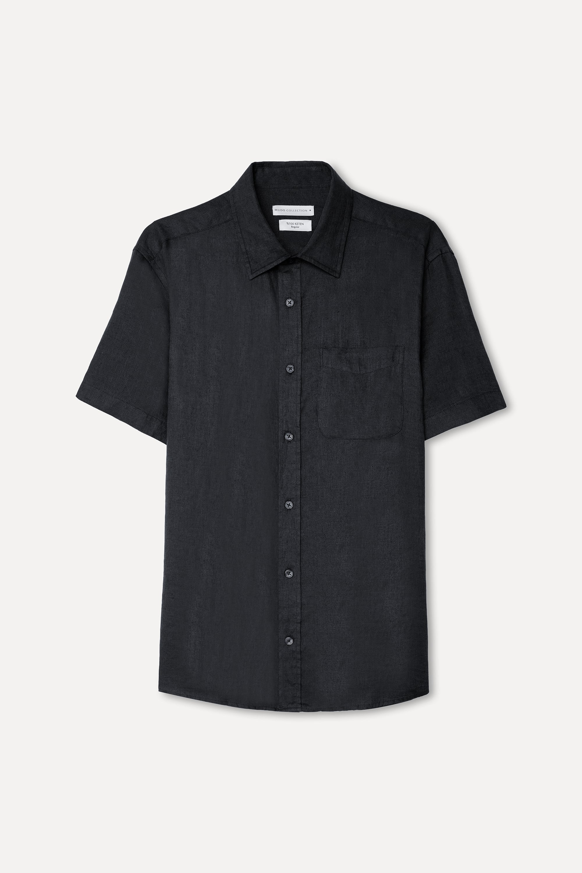 Erkek Siyah Regular Fit Kısa Kollu Keten Gömlek