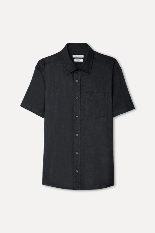 Erkek Siyah Regular Fit Kısa Kollu Keten Gömlek